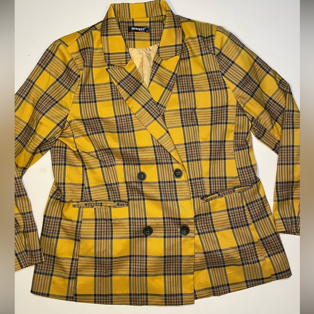 Allegra K Yellow and Black Plaid Blazer